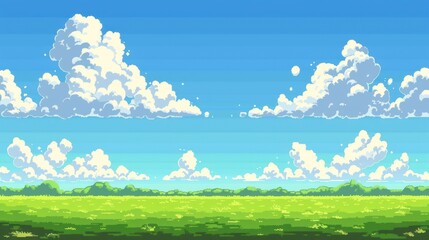 a blue sky with clouds and a green field below, this pixel art game background provides space in the middle of the screen for characters and text - obrazy, fototapety, plakaty