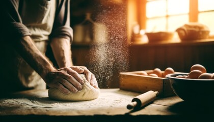 A close-up of hands kneading dough on a wooden surface, with flour dusting the air and a warm, homely kitchen backdrop. - obrazy, fototapety, plakaty