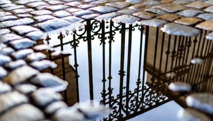 Close-up of the reflection of a wrought iron gate in a puddle on a cobblestone path after a rain...