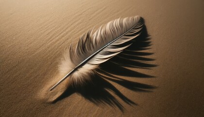 Close-up of a bird's feather lying on a sandy beach, with the shadow pattern echoing its form. - obrazy, fototapety, plakaty