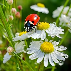 illustration of red ladybug on camomile flower ladybird, Generative ai