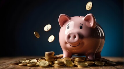 Coins fall from a piggy bank. Investments, savings, and the winning lucky pig bank idea. - obrazy, fototapety, plakaty