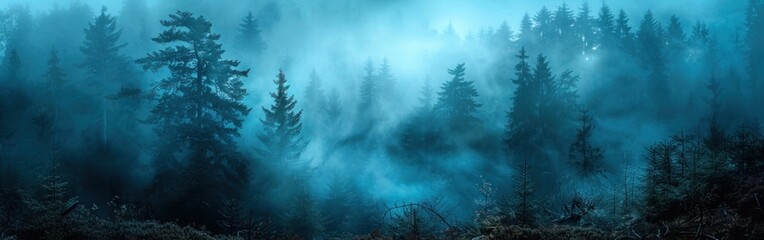Enchanting Schwarzwald: Panoramic View of Mysterious Fog and Dark Forest Trees in Germany's Black Forest - obrazy, fototapety, plakaty