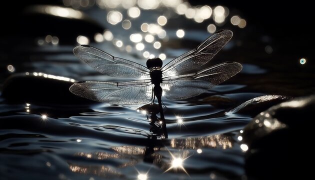 Close-up of the silhouette of a dragonfly's wings against the shimmering surface of a creek.