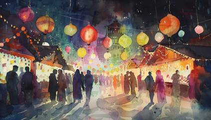 Watercolor Christmas market scene with people walking through colorful stalls under glowing lanterns, night sky - obrazy, fototapety, plakaty