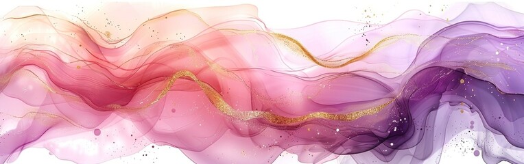 Golden Swirls: Abstract Watercolor Background in Pink & Purple with Fluid Waves Texture & Metallic Lines - Isolated on White - obrazy, fototapety, plakaty