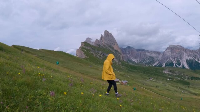 Female Tourist Enjoying Scenic Views In Dolomites, Italy - Slow Motion