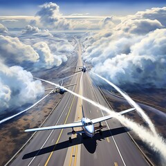 illustration of several aircraft with white contrails and roadway, Generative ai