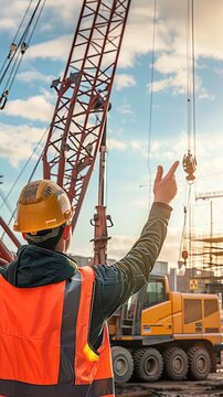 Signal rigger giving signals to a crane with lift truck in the background, illustration made with Generative AI