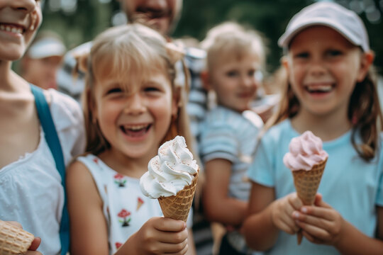 girls are smiling and holding ice cream cones. They are happy and enjoying their time together. The scene is set in a public area, possibly a park or a street, where people can gather