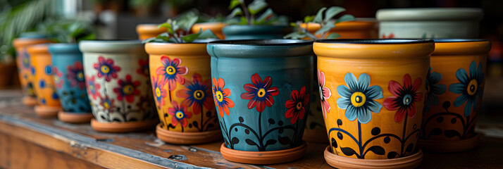Fototapeta na wymiar Hand-Painted Terracotta Flower Pot in Bright Colors , Colorful pottery with a variety of different colors and patterns 