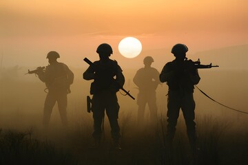 StockPhoto Soldiers silhouettes amid foggy sunset combat with rifles photo