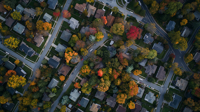 Aerial view of a suburban neighborhood in fall