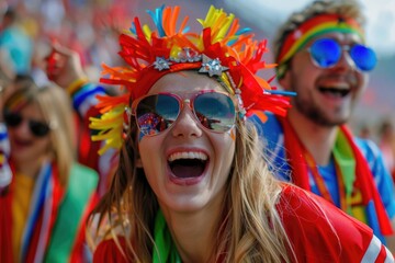 Joyful soccer supporter with colorful sunglasses and headpiece, celebrating at a stadium with infectious laughter