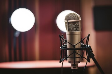 Subject Microphone on stand in recording studio against defocused lights - obrazy, fototapety, plakaty