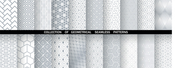 Geometric set of seamless gray and white patterns. Simple vector graphics - obrazy, fototapety, plakaty