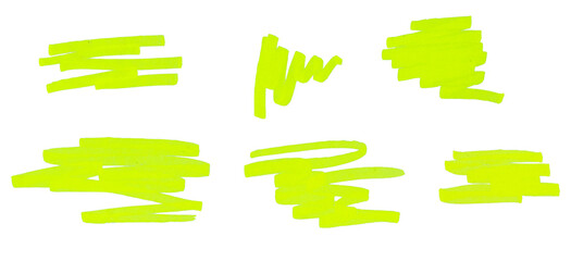 A set of Stroke drawn with neon yellow marker isolated on white