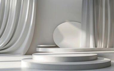 Grey Podium stage product display cylinder stands. Pedestals stage for product presentation in empty space show . generative ai