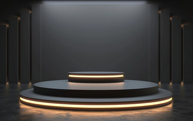 White and grey Podium stage product display cylinder stands. Pedestals stage for product presentation in empty space show . generative ai