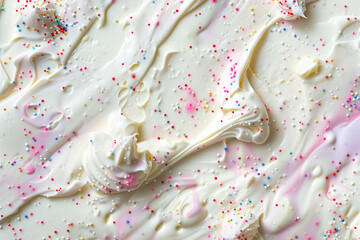 A white frosted cake with sprinkles on it. The cake is decorated with a lot of sprinkles and has a very colorful and festive appearance