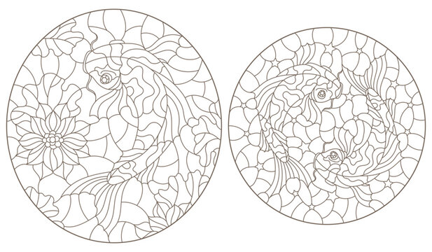 A set of contour illustrations of stained glass Windows with koi carp fishes on Lotus flowers , dark contours on a white background