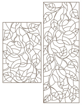 Set of contour illustrations of stained glass Windows with tree branches, Apple tree branch with ripe fruit and leaves, dark contours on white background