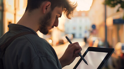 Young Man Drawing on a Tablet in Urban Environment - obrazy, fototapety, plakaty