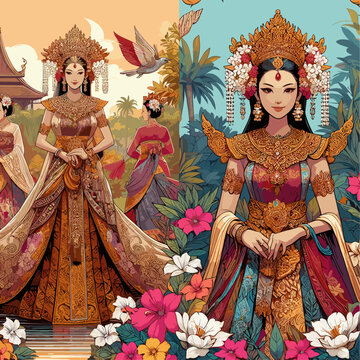 Kartini Indonesian Woman Wearing Traditional Dress illustration