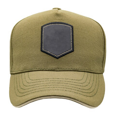 Khaki baseball cap, tracker cap with black patch for your logo. Mockup. A blank for the work of a designer. Isolate on a white background. Accessory for athletes, baseball players, bikers, rockers.