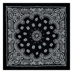 Black bandana with a white pattern. Accessory for concerts, rockers, bikers, rappers, hip-hop, metalheads, punk rock, rap. An element of clothing. Handkerchief for the face of gangsters.