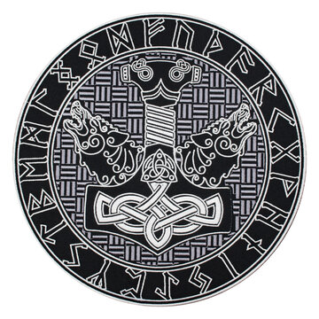 Embroidered patch Mjolnir, hammer of Thor in a runic circle, Futhark. Viking style. Asatru. Odin. Accessory for metalheads, punks, rockers, bikers, satanists, street aggressive subcultures.