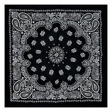 Black bandana with a white pattern. Accessory for concerts, rockers, bikers, rappers, hip-hop, metalheads, punk rock, rap. An element of clothing. Handkerchief for the face of gangsters.