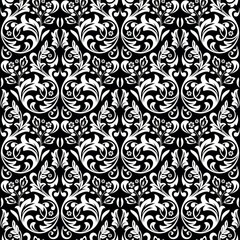 Floral pattern. Vintage wallpaper in the Baroque style. Seamless vector background. White and black ornament for fabric, wallpaper, packaging. Ornate Damask flower ornament. - 774596507