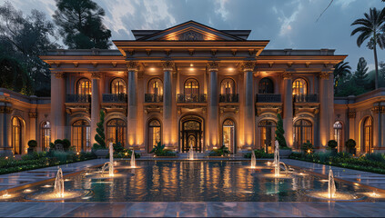 A grand, luxurious mansion with symmetrical architecture and intricate details, featuring large columns at the entrance. Created with Ai
