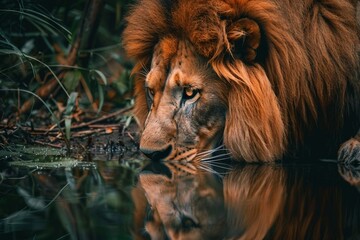 Naklejka premium a close up of a lion drinking water