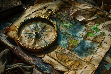 a compass on top of a map on a table