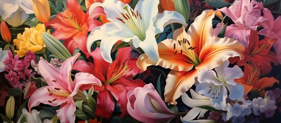 An assortment of variously colored flowers is depicted in an art piece on the wall, adding vibrancy to the room decor - obrazy, fototapety, plakaty