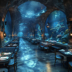 Underwater-themed restaurant with aquarium walls and marine decorup32K HD