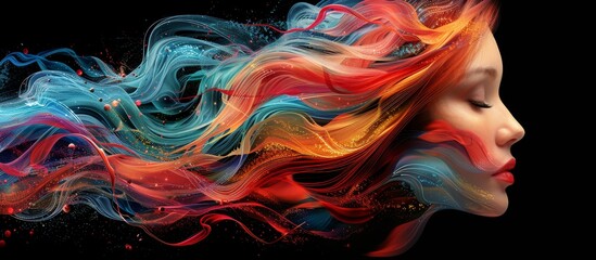 poster image of a woman with long flowing hair, flowing in a scattering of colors. Generated-AI