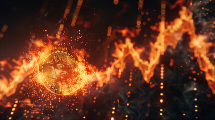 Bitcoin coins fire is burning sign In the stock graph is going up Background, virtual cryptocurrency exchange