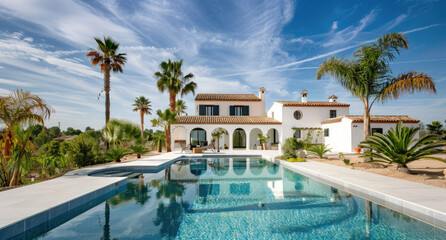 beautiful Spanish villa with a pool and palm trees in the background, blue sky, sunny day, luxury house - obrazy, fototapety, plakaty