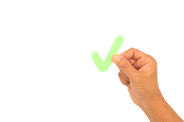 Hand holding green check mark symbol on a transparent background.