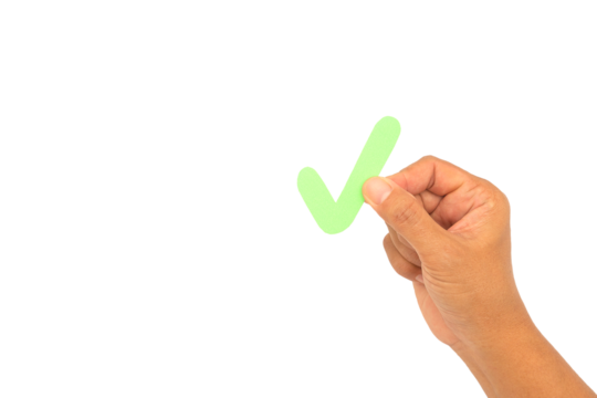Hand holding green check mark symbol on a transparent background.