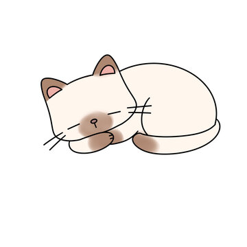 A cartoon cat is sleeping on a white background. The cat is curled up and has its paws on its face. The image has a calm and peaceful mood