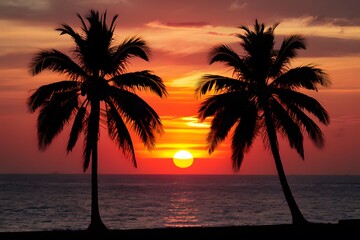 Vibrant sunset over tranquil Caribbean coastline, palm trees silhouette