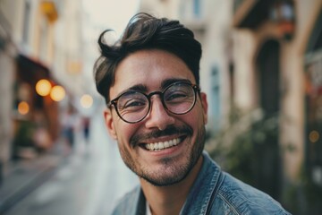 Portrait of a handsome young man with glasses smiling in the city