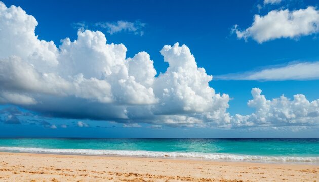 A beach with a blue sky and white clouds