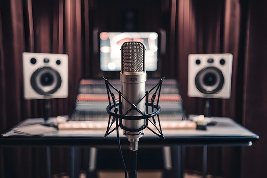 view Microphone in recording studio, music production concept