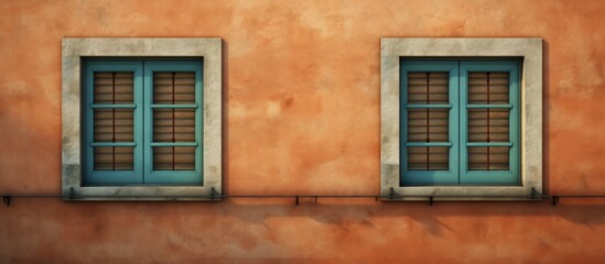 Obraz premium A building with a wall featuring two windows adorned with lovely blue shutters