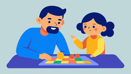 A digital illustration of a parent and child playing a board game showcasing the importance of engaging in fun and stimulating activities to